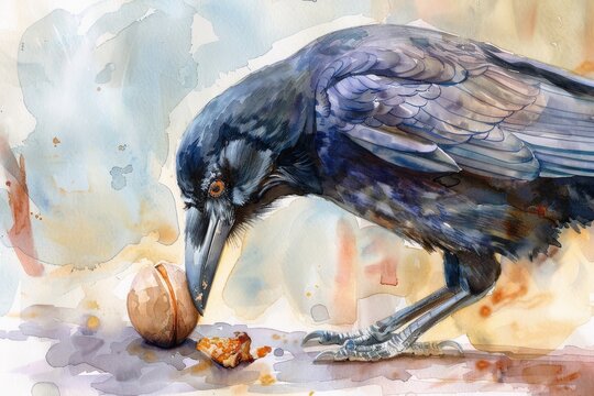 Watercolor of a clever crow carefully prying open a nut with its beak