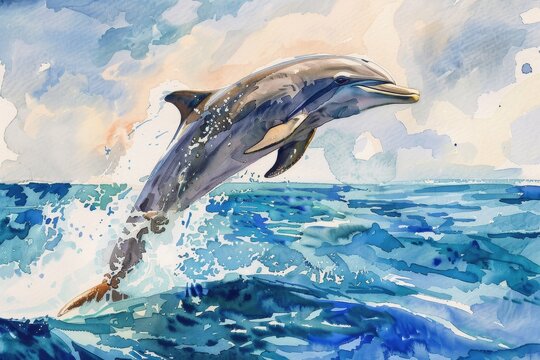 Watercolor of a dolphin jumping out of the water surface in the blue ocean