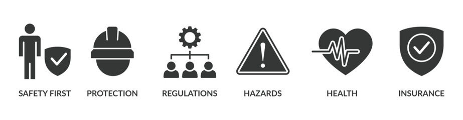 Work safety banner web icon vector illustration for occupational safety and health at work with safety first, protection, regulations, hazards, health, and insurance icon - Powered by Adobe