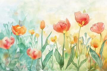 Watercolor of beautiful spring flowers on a beautiful meadow