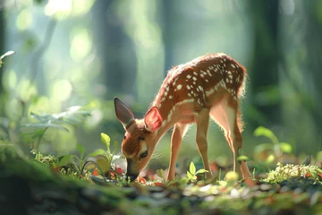 Foto auf Glas Adorable baby deer grazing on tender shoots and leaves in a lush forest clearing, their graceful movements and delicate features captured in stunning HD detail © baseer