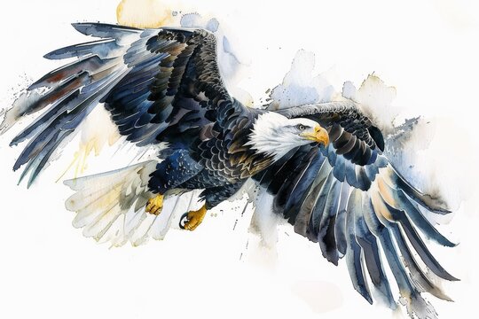 Watercolor painting of a majestic bald eagle in flight