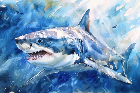 Watercolor painting of a dangerous white shark with many sharp teeth
