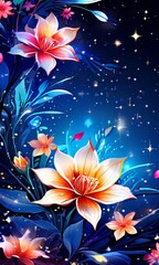 Beautiful lotus on background of blue sky adorned with stars. lotus is symbol of purity, spiritual enlightenment, rebirth. For home interior, bedroom, living room, childrens room to add bright colors.