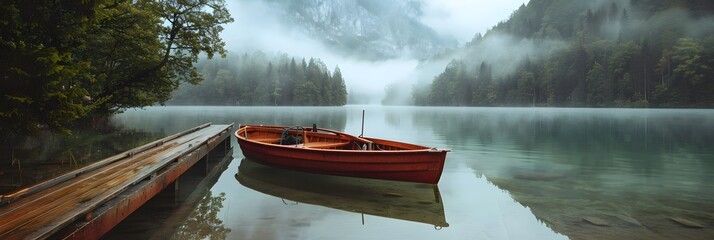 Rowing boats moored at the pier near mountain lake surrounded by misty forest
 - obrazy, fototapety, plakaty
