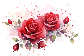 Watercolor background. Two red roses with buds. Spring. Flowers.