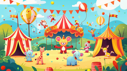 A whimsical circus performance with adorable circus animals and colorful clown antics, illustrated in a charming cartoon vector illustration