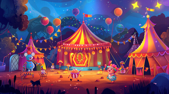 A whimsical circus performance with adorable circus animals and colorful clown antics, illustrated in a charming cartoon vector illustration