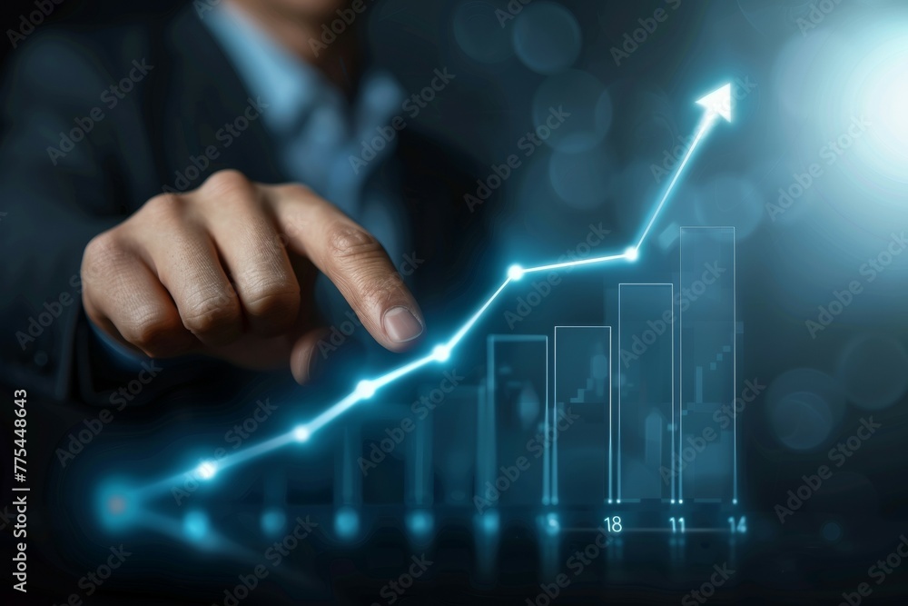 Poster a man is pointing at a graph with a line that is rising