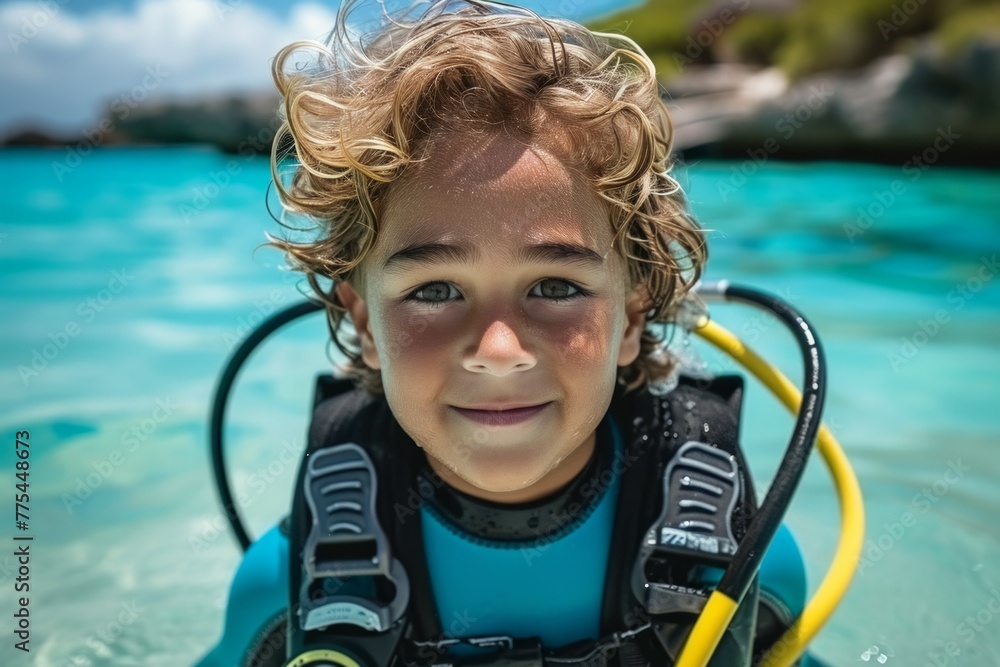 Poster child at diving lessons. background with selective focus and copy space
