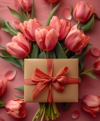 Pink Tulips, Brown Card and Ribbon: Overhead Shot on Pink Background