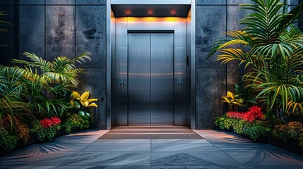 Symmetric view of closed lift doors in a building with indoor plants