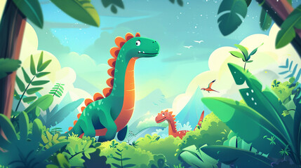 Fototapeta na wymiar A whimsical dinosaur world with adorable prehistoric creatures and lush greenery, brought to life in a charming cartoon vector illustration