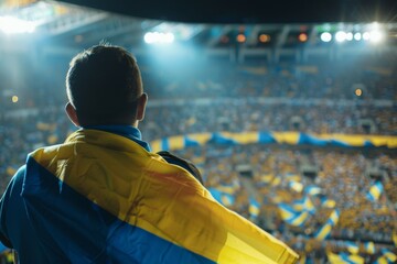 A man stands in a stadium with a blue and yellow flag in his hand. Football fan at the football...