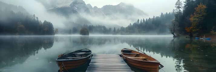 Rowing boats moored at the pier near mountain lake surrounded by misty forest
