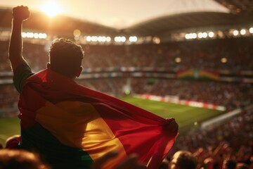 A man is holding a red flag in a stadium full of people. Football fan at the championship