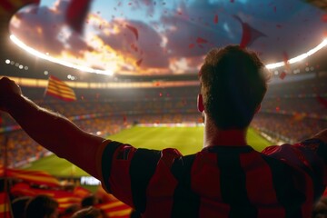 A man is standing in a stadium with a red and black striped shirt on. Football fan at the championship