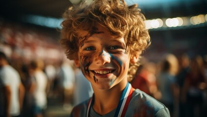 A young boy with messy hair and blue face paint is smiling at the camera. Football fan at the European Football Cup