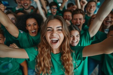 A group of people are smiling and holding up their hands in the air. Football fans watching football on TV - obrazy, fototapety, plakaty