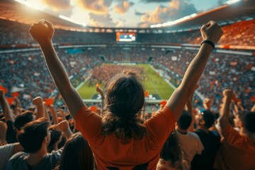 A woman is standing in a stadium full of people, cheering. Football fans support the team