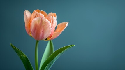   Two orange tulips with green stems in a vase against a blue background, with a slightly blurred backdrop - obrazy, fototapety, plakaty