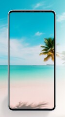 Smartphone on a light gray background with a bright photo of a tropical beach on the screen --ar 9:16 --quality 0.5 --v 5.2 Job ID: 519e0bb5-479d-4993-aa6f-b9f2f5d3a19c