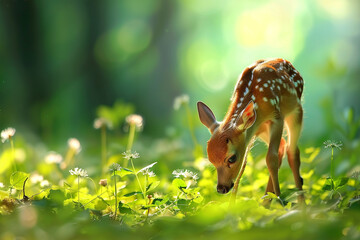 Adorable baby deer grazing on tender shoots and leaves in a lush forest clearing, their graceful movements and delicate features captured in stunning HD detail