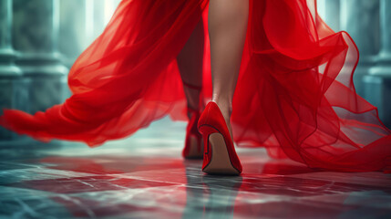 Vivid scarlet shoes step forward, hem of dress fluttering - obrazy, fototapety, plakaty