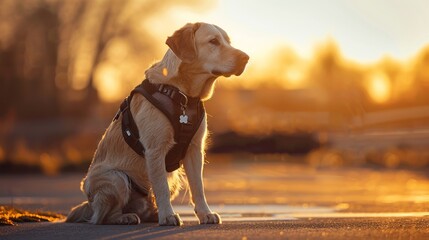 Detailed side view of a guide dog harness on sunlit pavement with a clear sky