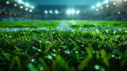 football stadium with lights - grass close up in sports arena - background - generative ai - obrazy, fototapety, plakaty