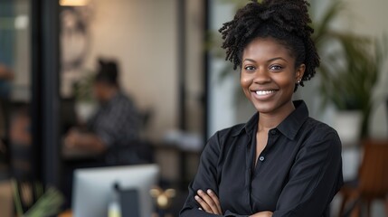African-American woman with a radiant smile stands with her arms crossed. The background reveals a coworker focused on his screen, highlighting a professional and dynamic work environment.
