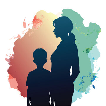 a silhouette of a woman and a boy with a colorful background