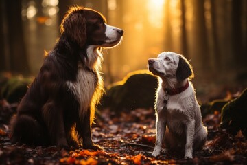 Two dogs two friends, homeless dogs in a fairy forest, A friends shoulder in a difficult moment