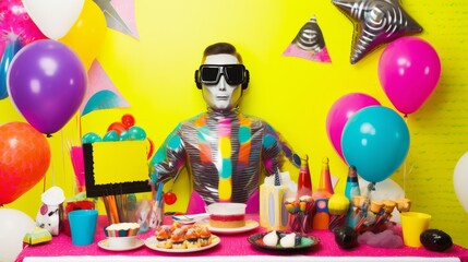 Birthday party in the style of the 80s with fun accessories in the form of big glasses, and space suits against a background of bright geometric patterns, no text, no inscriptions, no advertising, no