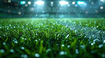 football stadium with lights - grass close up in sports arena - background - generative ai - obrazy, fototapety, plakaty