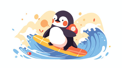 Cute penguin cartoon character surfing illustration