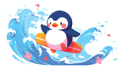 Cute penguin cartoon character surfing illustration