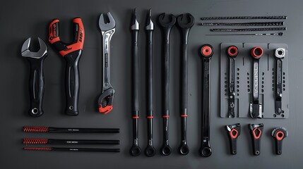 a set of cycling tools used in expert bicycle maintenance workshop with a wall panel tool holder for the fix repair assembly set. Image of tools.