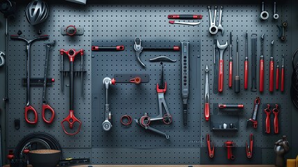 a set of cycling tools used in expert bicycle maintenance workshop with a wall panel tool holder for the fix repair assembly set. Image of tools.