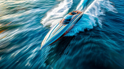 High-speed motorboat racing on a shimmering sea - obrazy, fototapety, plakaty