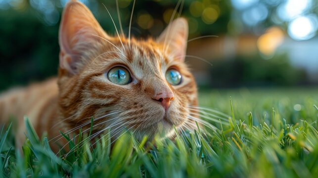   A close-up photo of a cat lying on grass with its eyes open and staring at the camera