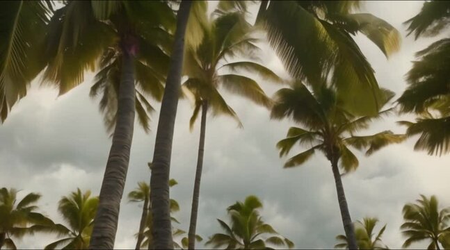 Powerful Wind From Dangerous Hurricane Blows Palm Trees
