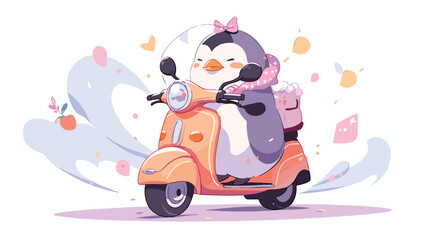 Cute Penguin riding scooter flat vector 2d flat car