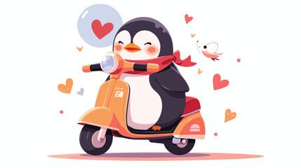 Cute Penguin riding scooter flat vector 2d flat car