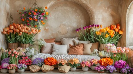 Fototapeta na wymiar A group of flowers placed on a couch facing a wall with several pillows stacked on top