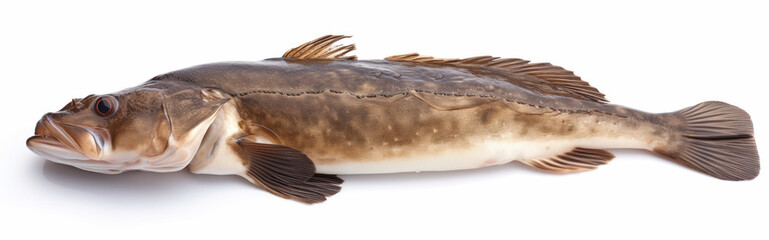 A high-resolution image showcasing the unique patterns and textures of a brown cod fish. The fish is isolated against a white background, highlighting its distinct features.
