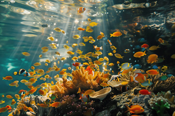 Fototapeta na wymiar A mesmerizing underwater scene showcasing vibrant marine life, golden coins, and exquisite seashells amidst the coral reefs.