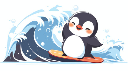 Cute penguin surfing big wave 2d flat cartoon vacto
