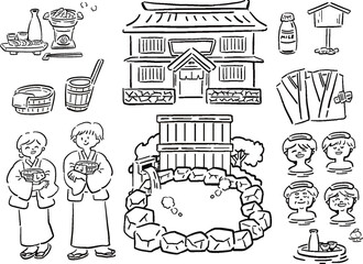温泉旅行のゆるい手描き風イラストセット　線画