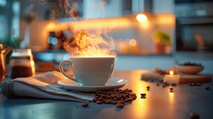 white cup of coffee with steam on a wooden table in a cozy home atmosphere with coffee beans scattered nearby in a warm light. The concept of home comfort and good morning - obrazy, fototapety, plakaty